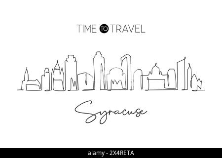 One single line drawing Syracuse city skyline New York State. World historical town landscape. Best holiday destination postcard. Editable stroke tren Stock Vector