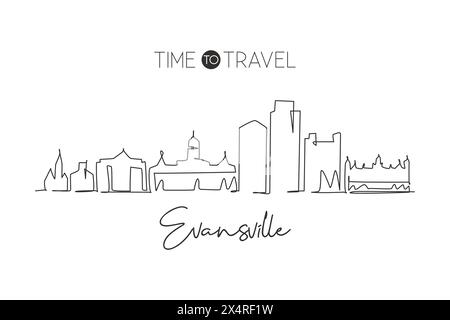 One continuous line drawing of Evansville city skyline, Indiana. Beautiful landmark. World landscape tourism travel home wall decor poster print. Styl Stock Vector