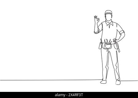 Single continuous line drawing handyman stands with gesture okay and tools such as pliers, screwdriver, hammer that placed on his work shirt. Dynamic Stock Vector