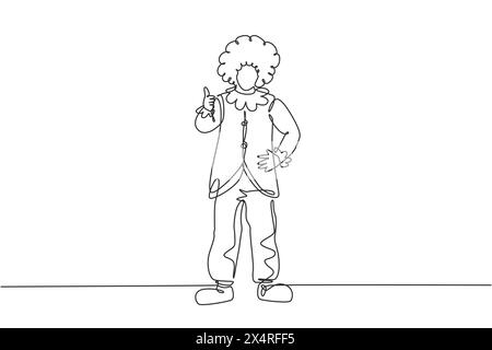 Continuous one line drawing clown stands with a thumbs-up gesture wearing wig and clown costume ready to entertain the audience in the circus arena. S Stock Vector