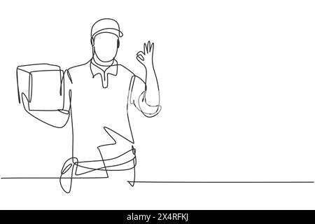 Single continuous line drawing delivery man with gesture okay, carrying the package box to be delivered to customers with the best service. Dynamic on Stock Vector