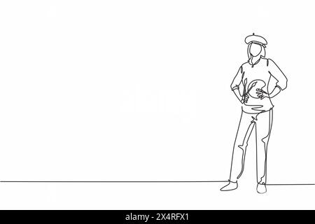 Single continuous line drawing of young female painter artist standing and holding hands on hip. Professional work job occupation. Minimalism concept Stock Vector