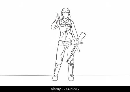 Continuous one line drawing soldiers with weapons, full uniforms ...
