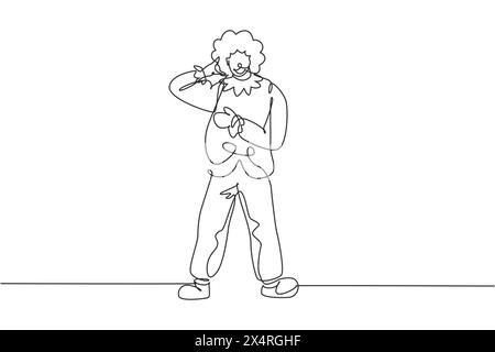 Single one line drawing clown stands with call me gesture wearing wig and clown costume ready to entertain audience in the circus arena. Modern contin Stock Vector