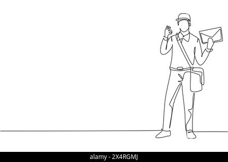 Continuous one line drawing postman standing in a hat, sling bag, uniform, holding envelope, and with gesture okay delivering mail to home address. Si Stock Vector