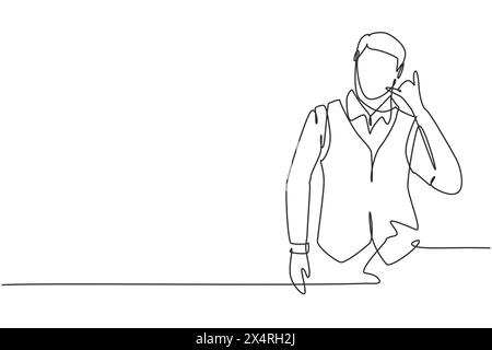 Continuous one line drawing steward with celebrate gesture ready to ...