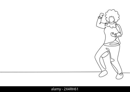 Single continuous line drawing female clown stands with celebrate gesture wearing wig and clown costume ready to entertain audience in circus arena. O Stock Vector