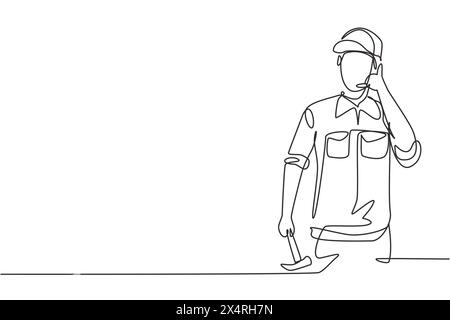Continuous one line drawing carpenter with call me gesture works in workshop making wooden products. Skills in using carpentry tools. Success job. Sin Stock Vector