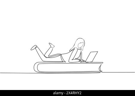 Single one line drawing young female with laptop laying down on big book. Freelance, distance learning, online courses, studying concept. Modern conti Stock Vector
