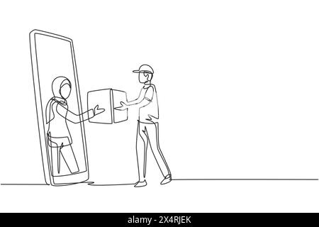Single continuous line drawing Arabian female customer receives boxed package, through smartphone screen from courier. Online delivery service. Dynami Stock Vector