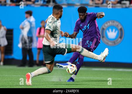 Charlotte, North Carolina, USA. 4th May, 2024. Charlotte FC forward PATRICK AGYEMANG (33) passes the ball during the second half of the Charlotte FC vs Portland Timbers MLS match at Bank of America Stadium. (Credit Image: © Cory Knowlton/ZUMA Press Wire) EDITORIAL USAGE ONLY! Not for Commercial USAGE! Stock Photo