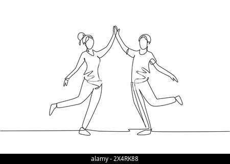 Single one line drawing man and woman performing dance at school, studio, party. Male and female characters dancing tango at Milonga. Modern continuou Stock Vector