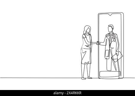 Continuous one line drawing female patient shaking hands with male doctor in smartphone holding clipboard. Online medical consultation concept. Single Stock Vector