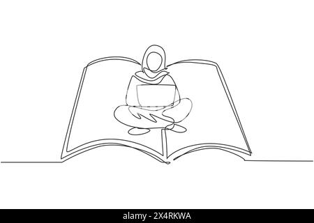 Single continuous line drawing Arabian female with laptop sitting on open big book. Freelance, distance learning, online courses, and studying concept Stock Vector