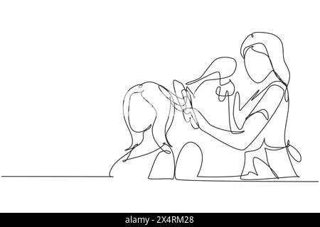 Single one line drawing happy young woman in hair salon. Going for change of style, discussing hairstyling with her hairdresser holding hair dryer. Mo Stock Vector