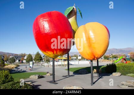 Cromwell Fruit Sculpture, State Highway 8, Cromwell, Central Otago, Otago, South Island, New Zealand Stock Photo