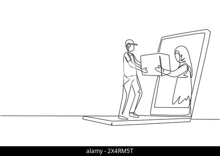 Single continuous line drawing Arabian female customer receives boxed package, through laptop screen from courier. Online delivery service. Dynamic on Stock Vector