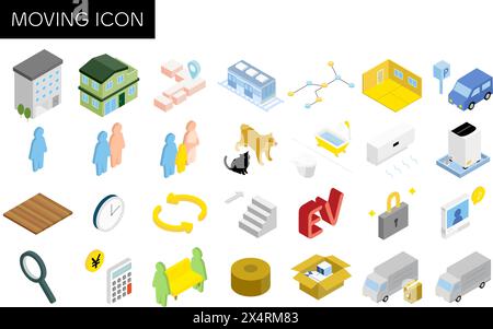 Finding a room for rent: moving icon set, isometric illustration, Vector Illustration Stock Vector