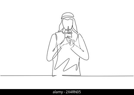 Single continuous line drawing young Arabian male hold plastic cup and drink iced green tea with straw. Make him refreshing in summer season. Dynamic Stock Vector