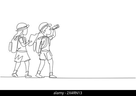 Continuous one line drawing scout boy and girl with binoculars and map. Children scout adventure camping concept. Hiking recreational tourism group. S Stock Vector