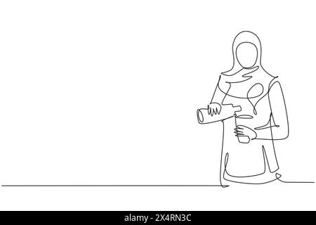 Continuous one line drawing beautiful Arabian woman pouring orange juice into glass from bottle while having breakfast at home. Healthy lifestyle. Sin Stock Vector