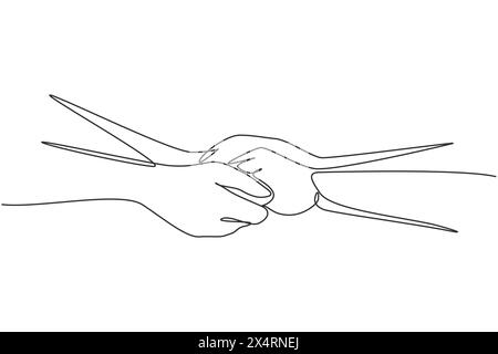 Single one line drawing two hands holding each other. Sign or symbol of love, relationship, couple, marriage. Communication with hand gestures. Contin Stock Vector