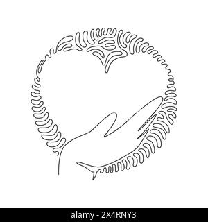 Single continuous line drawing hand holding heart icon. Save life or health care symbol. Swirl curl circle background style. Isolated vector symbol. O Stock Vector