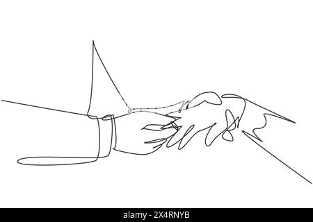 Single one line drawing groom puts ring on finger of bride. Bride and groom make vow of loyalty on their wedding day. Marriage ceremony celebration co Stock Vector