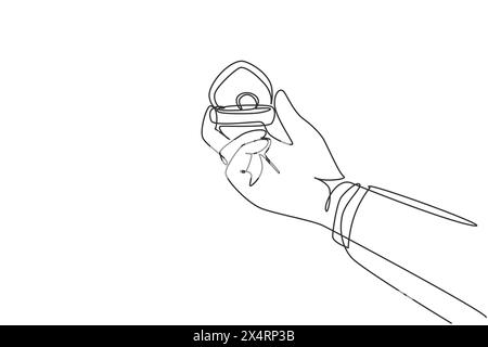 Single continuous line drawing hand holding box wedding ring. Groom's gift for bride on their special day. Marriage ceremony celebration. Dynamic one Stock Vector