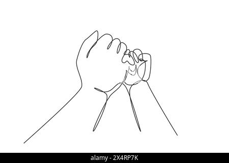 Continuous one line drawing mother and child's hand gesturing keeping promise. Tiny Newborn Baby's and female hands. Mom and her Child. Happy Family c Stock Vector