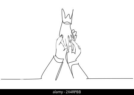 Single one line drawing man with woman hand ring. Bride and groom make vow of loyalty on their wedding day. Marriage ceremony celebration. Modern cont Stock Vector