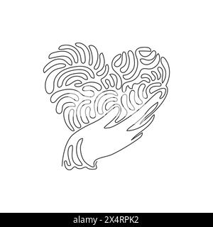 Single one line drawing hand holding heart icon. Save life or health care symbol. Swirl curl style. Isolated vector symbol. Modern continuous line dra Stock Vector