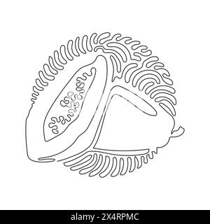 Continuous one line drawing whole and sliced sweet papaya fruit. Ripe papaya fruit with seeds. Tasty appetizer. Swirl curl circle background style. Si Stock Vector