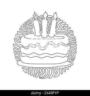 Single one line drawing birthday cake with three candles burning. Tasty dessert main dish of birthday party. Swirl curl circle background style. Conti Stock Vector