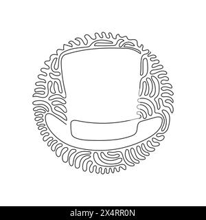 Continuous one line drawing vintage top hat. Cylinder hats. Old fashioned clothes. Elegant hat. Gentleman style. Swirl curl circle background style. S Stock Vector