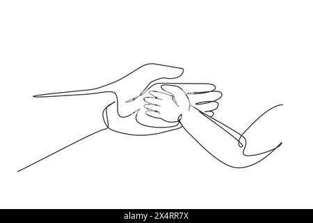 Single one line drawing baby hand in mother's hand. Beautiful sleeping baby girl. Newborn little baby girl, asleep on blanket. Mom and her child. Cont Stock Vector