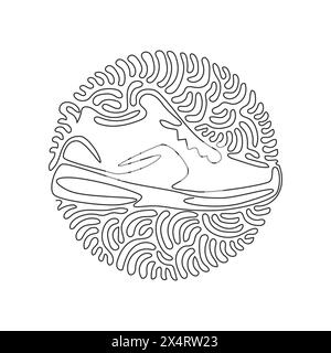 Single continuous line drawing fitness sneakers shoes for training. Sport running shoe for training and fitness. Swirl curl circle background style. O Stock Vector