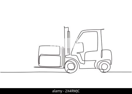 Continuous one line drawing forklift truck with boxes. Heavy automobile. Construction industry and machinery concept. Children's toy forklift truck. S Stock Vector