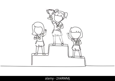 Single continuous line drawing cute girl standing on podium as sport competition winner. Championship celebration. Happy cute kid win game gold trophy Stock Vector