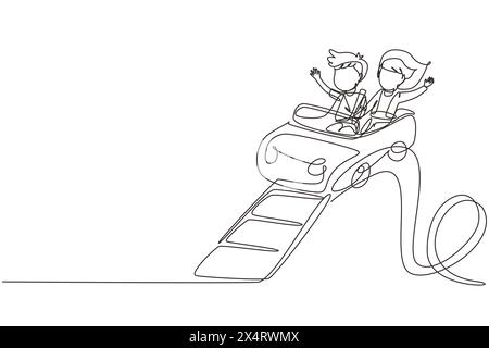 Single continuous line drawing kids on rollercoaster rides. Boy and girl riding fast at amusement rides, happy laughing or excited scared on amusement Stock Vector