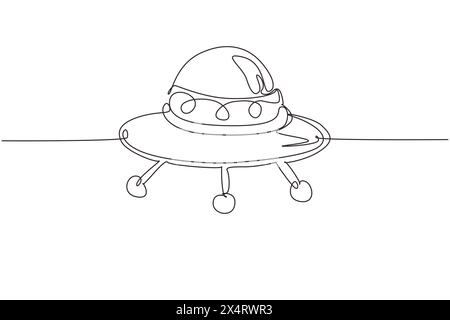 Single continuous line drawing UFO plane toys icon. UFO design concept from Astronomy collection. Cute astronauts flying on UFO spaceship. Dynamic one Stock Vector