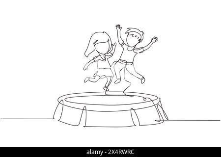 Continuous one line drawing happy girl and boy jumping together on trampoline. Cute little kids jumping on round trampoline. Active children's outdoor Stock Vector