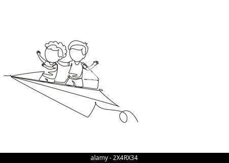 Single one line drawing happy two little boys flying on paper plane. Kids flying on paper airplane together. Children back to school concept. Continuo Stock Vector
