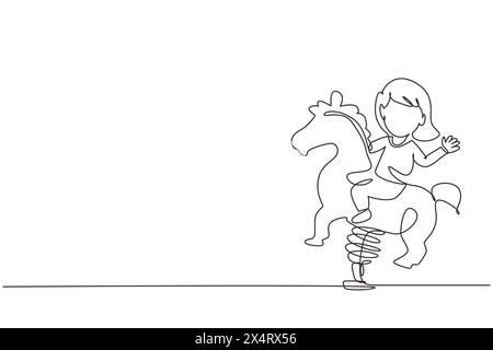 Single one line drawing little girl riding horse ride in park playground. Kids riding toy horse rocking. Happy girl riding horse swinging seesaw. Cont Stock Vector