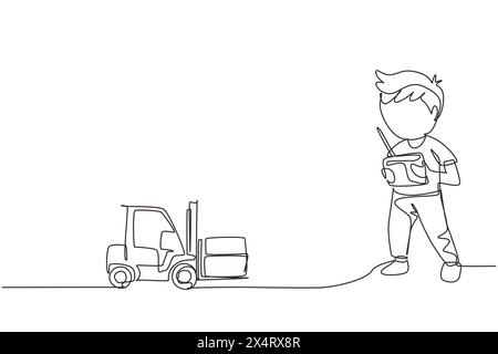 Single one line drawing boy playing with remote-controlled forklift truck toy. Kids playing with electronic toy forklift truck with remote control in Stock Vector