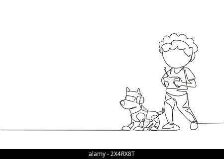 Single one line drawing boy playing with electronic toy dog robot with remote control in hands. Happy kids with remote control robot pet. Modern conti Stock Vector