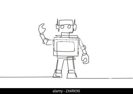 Continuous one line drawing toy robot for kids. Retro robot vintage toys. Metal computer man or cyborgs. Friendly mechanism. Children's toy robot. Sin Stock Vector