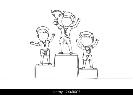 Single continuous line drawing cute boy standing on podium as sport competition winner. Championship celebration. Happy cute kid win game gold trophy. Stock Vector