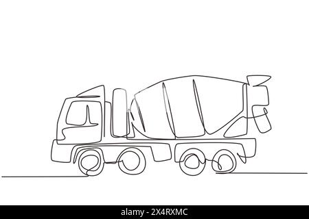 Single continuous line drawing Concrete mixer truck with view from side. Heavy automobile. Auto in flat design. Children's toy mixer truck. Dynamic on Stock Vector