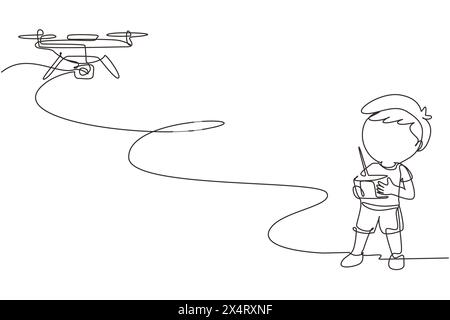 Single one line drawing boy with remote control drone. Kid playing with quadcopter. Happy child controlling flying robot camera drone. Modern continuo Stock Vector